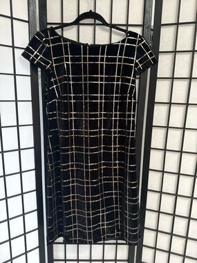 Vince Black Velvet Midi Dress with Metallic Windowpane Grid